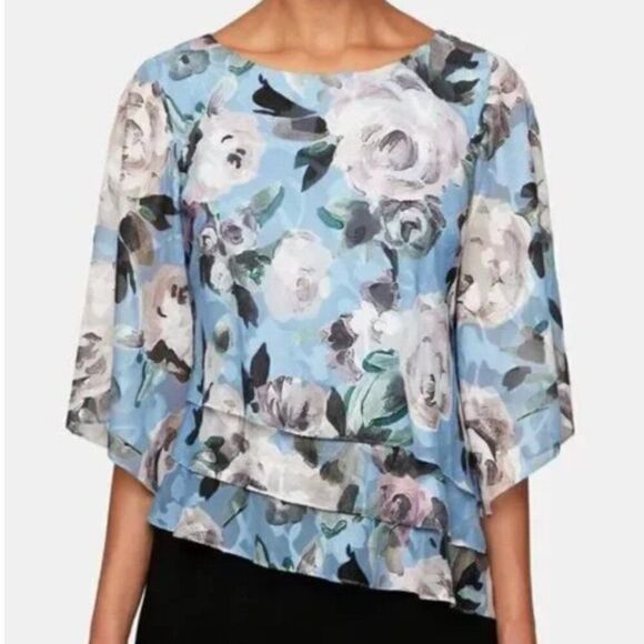 Alex Evenings tiered Asymmetrical hem Blue floral blouse size 3X - Picture 4 of 14